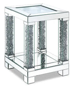 Berni 18 Glam Mirror & Glass Top End Table with Shelf - Silver Metal with Diamond Look Legs