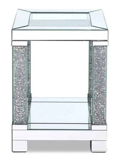 Table d'appoint 18 Glam miroir et plateau en verre avec étagère - Métal argenté avec pieds aspect diamant
