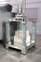 Table d'appoint 18 Glam miroir et plateau en verre avec étagère - Métal argenté avec pieds aspect diamant