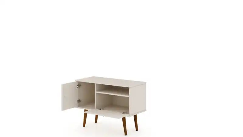Meuble TV Moderne du Milieu du Siècle de 35,43 po avec Pieds en Bois Massif - Blanc cassé