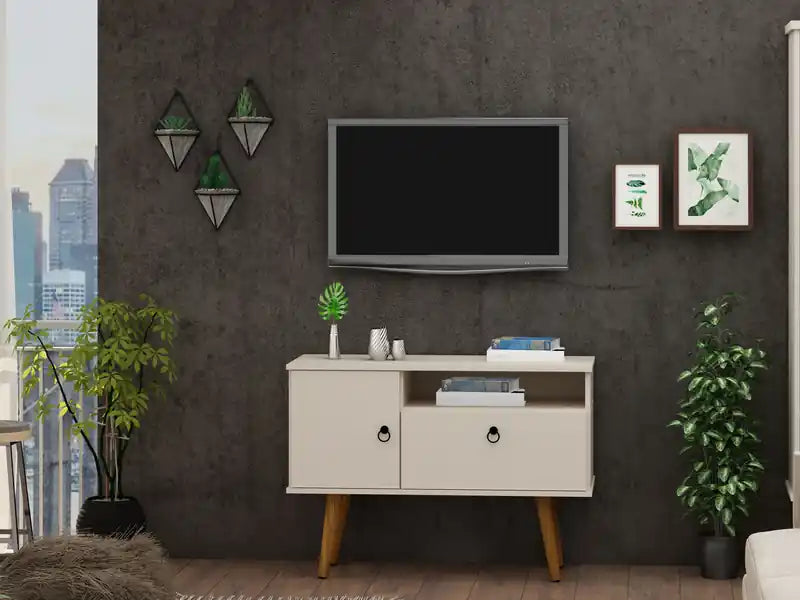 Meuble TV Moderne du Milieu du Siècle de 35,43 po avec Pieds en Bois Massif - Blanc cassé