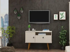 Meuble TV Moderne du Milieu du Siècle de 35,43 po avec Pieds en Bois Massif - Blanc cassé