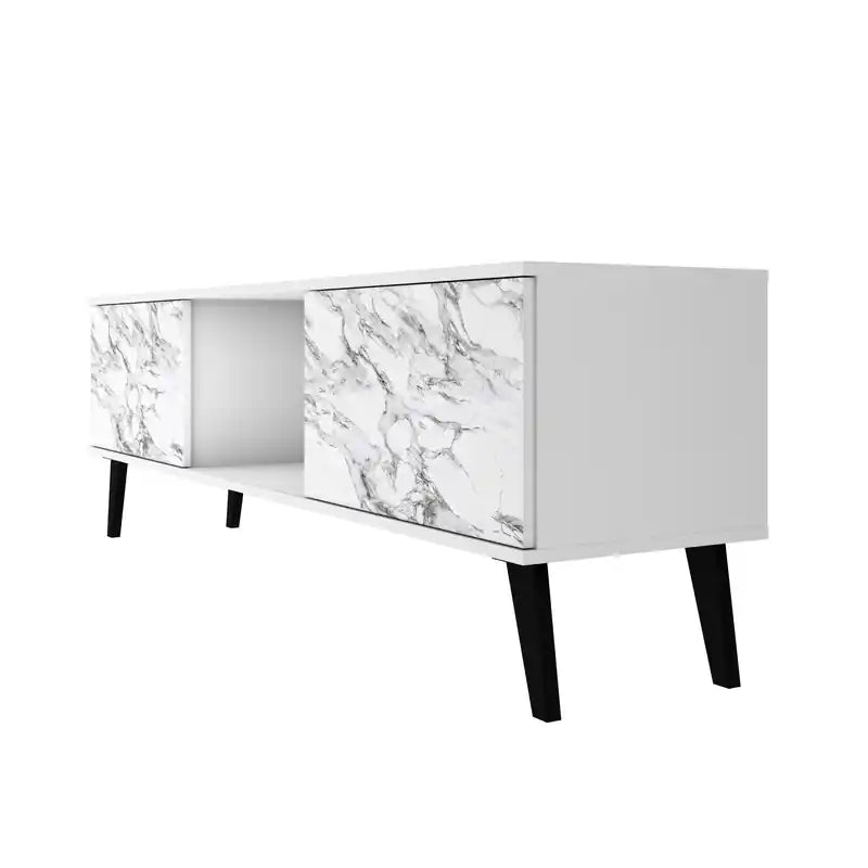 62.20 Meuble TV moderne du milieu du siècle - Blanc et motif marbre