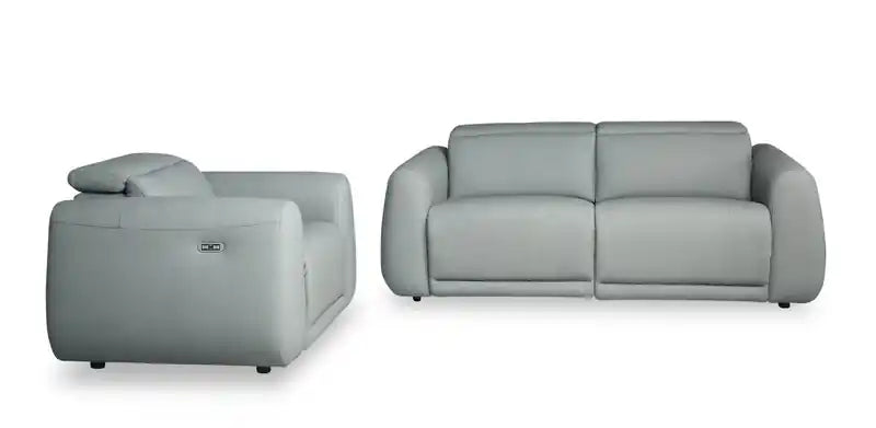 Canapé inclinable électrique en cuir véritable 76 avec appuie-tête électriques et ports USB - Bleu Spa