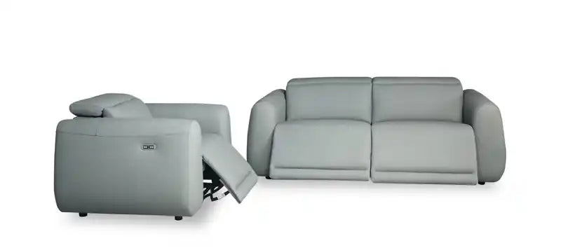 Canapé inclinable électrique en cuir véritable 76 avec appuie-tête électriques et ports USB - Bleu Spa
