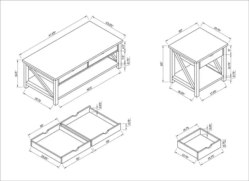 47,25 Table basse et d'appoint rustique (lot de 2) avec rangement et étagère - Gris vieilli