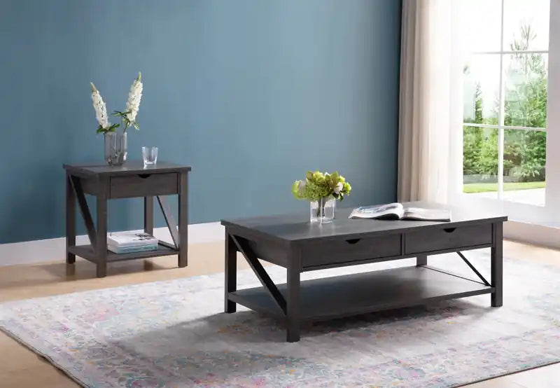 47,25 Table basse et d'appoint rustique (lot de 2) avec rangement et étagère - Gris vieilli