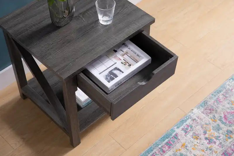 47,25 Table basse et d'appoint rustique (lot de 2) avec rangement et étagère - Gris vieilli