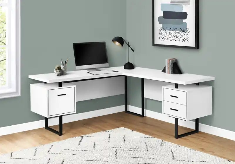 Bureau d'angle réversible en L avec 3 tiroirs - Blanc/Noir