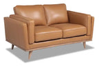 Causeuse en cuir véritable 63 po avec coussins d'assise amovibles et base en bois – Brun Caramel