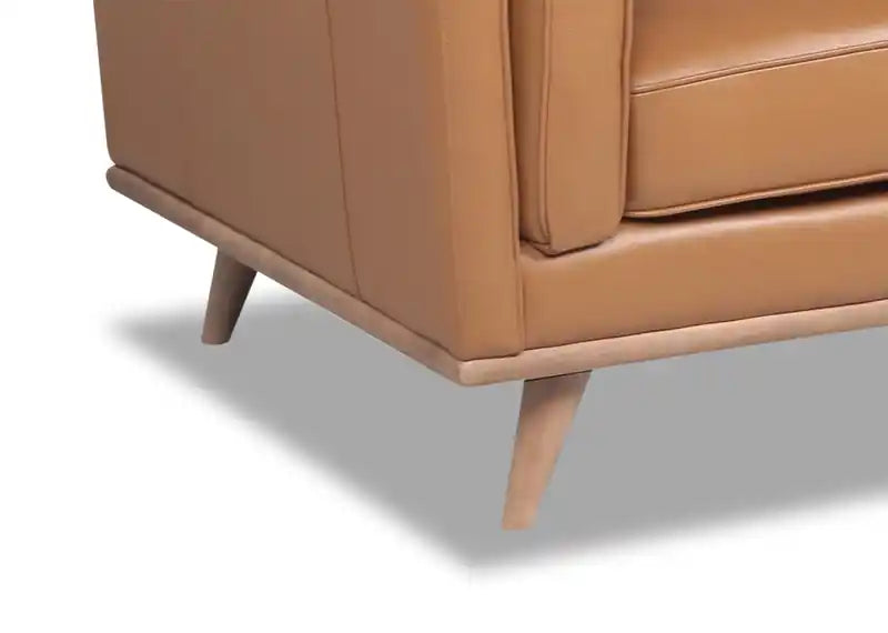 Causeuse en cuir véritable 63 po avec coussins d'assise amovibles et base en bois – Brun Caramel