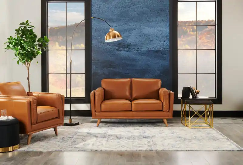 Causeuse en cuir véritable 63 po avec coussins d'assise amovibles et base en bois – Brun Caramel