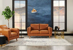 Causeuse en cuir véritable 63 po avec coussins d'assise amovibles et base en bois – Brun Caramel