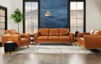 Causeuse en cuir véritable 63 po avec coussins d'assise amovibles et base en bois – Brun Caramel