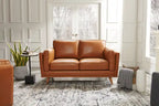 Causeuse en cuir véritable 63 po avec coussins d'assise amovibles et base en bois – Brun Caramel