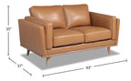 Causeuse en cuir véritable 63 po avec coussins d'assise amovibles et base en bois – Brun Caramel