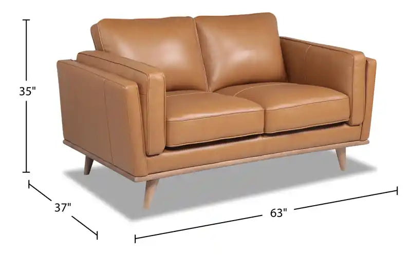 Causeuse en cuir véritable 63 po avec coussins d'assise amovibles et base en bois – Brun Caramel