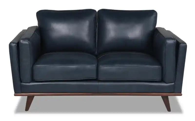 Causeuse en cuir véritable 63 po avec coussins d'assise amovibles et base en bois – Brun Caramel
