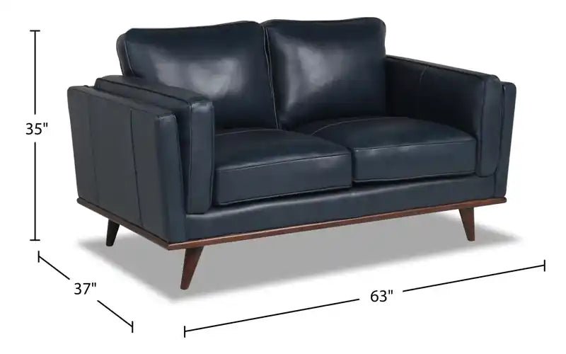 Causeuse en cuir véritable 63 po avec coussins d'assise amovibles et base en bois – Brun Caramel