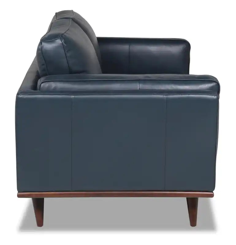Causeuse en cuir véritable 63 po avec coussins d'assise amovibles et base en bois – Brun Caramel