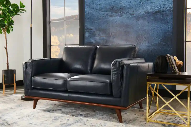 Causeuse en cuir véritable 63 po avec coussins d'assise amovibles et base en bois – Brun Caramel
