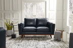 Causeuse en cuir véritable 63 po avec coussins d'assise amovibles et base en bois – Brun Caramel