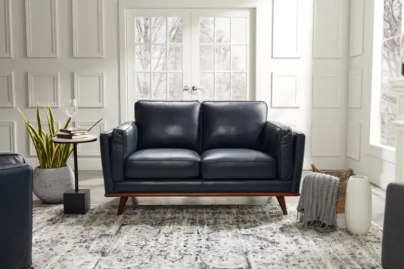 Causeuse en cuir véritable 63 po avec coussins d'assise amovibles et base en bois – Brun Caramel
