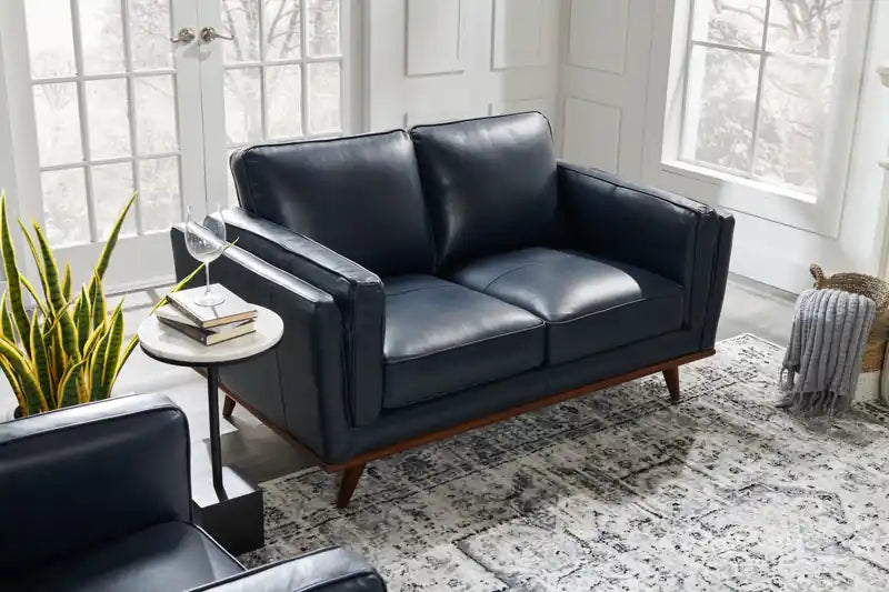 Causeuse en cuir véritable 63 po avec coussins d'assise amovibles et base en bois – Brun Caramel