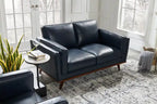 Causeuse en cuir véritable 63 po avec coussins d'assise amovibles et base en bois – Brun Caramel