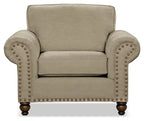 Fauteuil en tissu chenille avec garniture cloutée et pieds tournés en bois