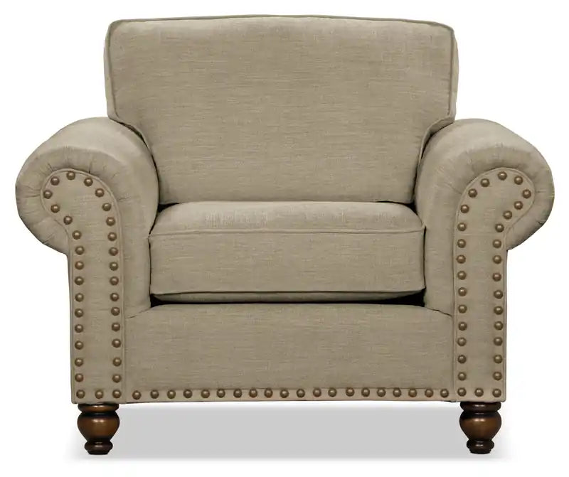 Fauteuil en tissu chenille avec garniture cloutée et pieds tournés en bois