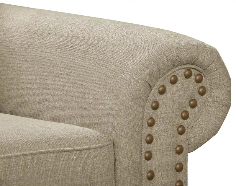 Fauteuil en tissu chenille avec garniture cloutée et pieds tournés en bois