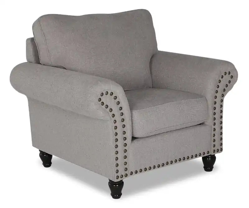 Fauteuil en tissu chenille avec garniture cloutée et pieds tournés en bois