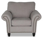Fauteuil en tissu chenille avec garniture cloutée et pieds tournés en bois