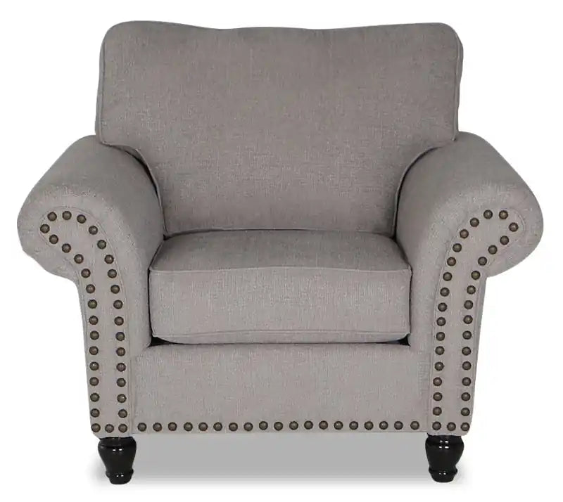 Fauteuil en tissu chenille avec garniture cloutée et pieds tournés en bois