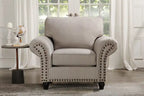 Fauteuil en tissu chenille avec garniture cloutée et pieds tournés en bois