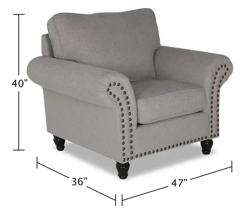 Fauteuil en tissu chenille avec garniture cloutée et pieds tournés en bois