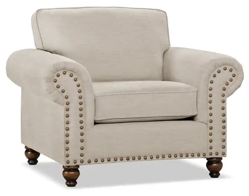 Fauteuil en tissu chenille avec garniture cloutée et pieds tournés en bois