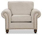Fauteuil en tissu chenille avec garniture cloutée et pieds tournés en bois