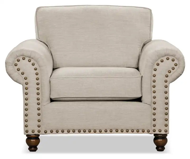 Fauteuil en tissu chenille avec garniture cloutée et pieds tournés en bois