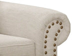 Fauteuil en tissu chenille avec garniture cloutée et pieds tournés en bois