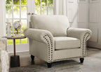 Fauteuil en tissu chenille avec garniture cloutée et pieds tournés en bois