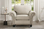 Fauteuil en tissu chenille avec garniture cloutée et pieds tournés en bois